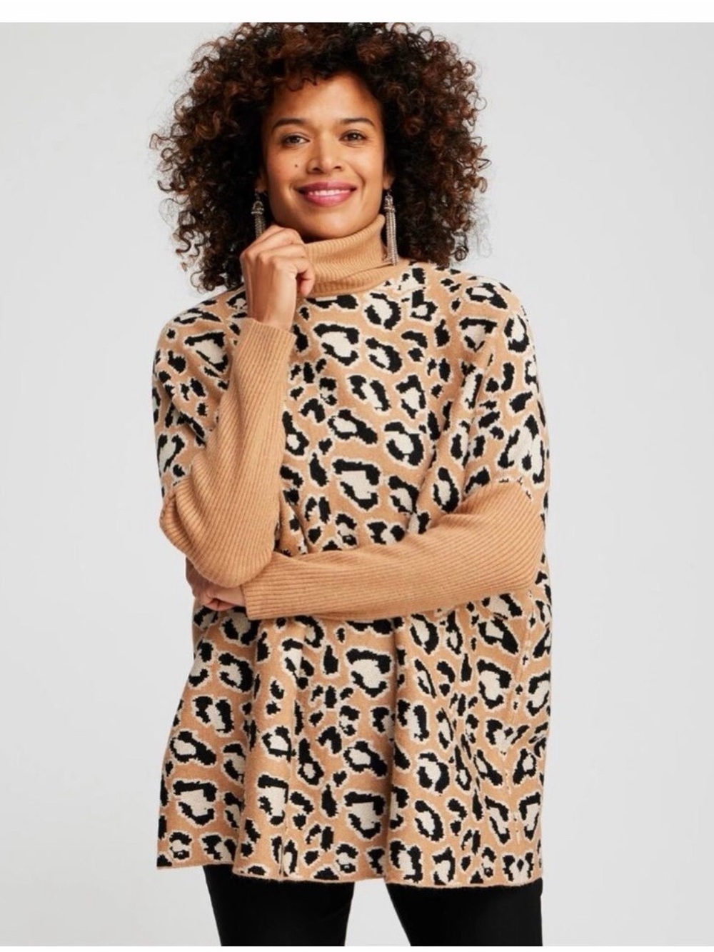 Chico's Camel Leopard-Print Turtleneck Sweater